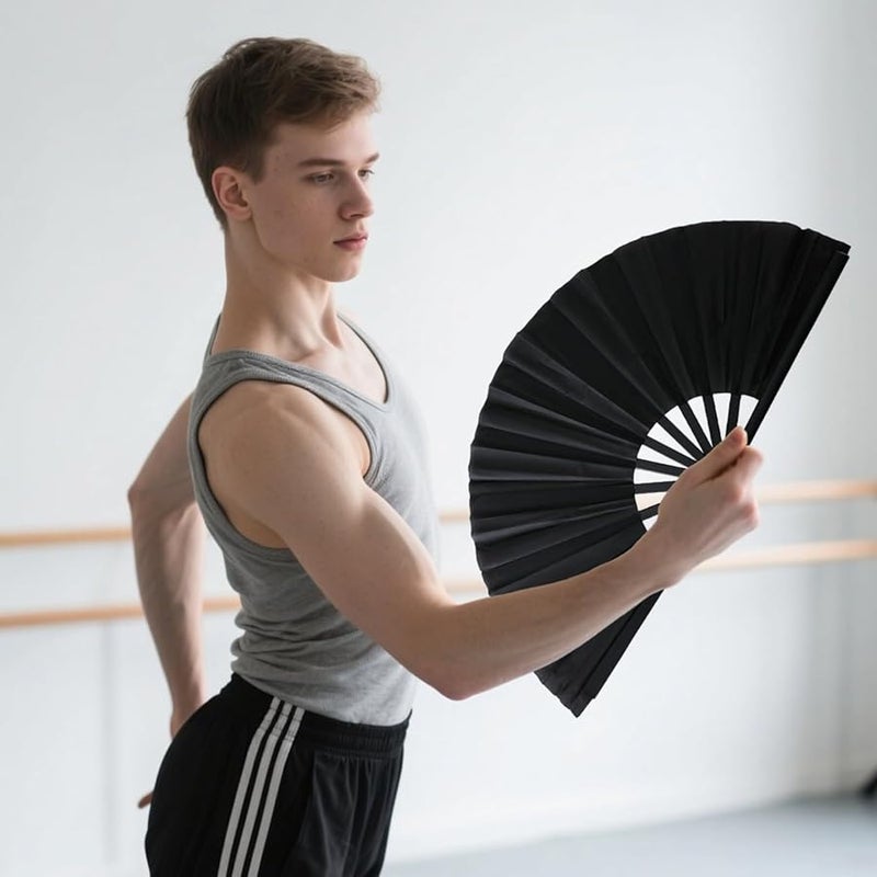 Black Tai Chi Folding Dance Fans 25 2 Inch 2 Pack Plastic Rib With Pouch - Image 4